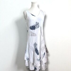 Italian White Feather Print Linen Dress – Boho Layered Summer Style M